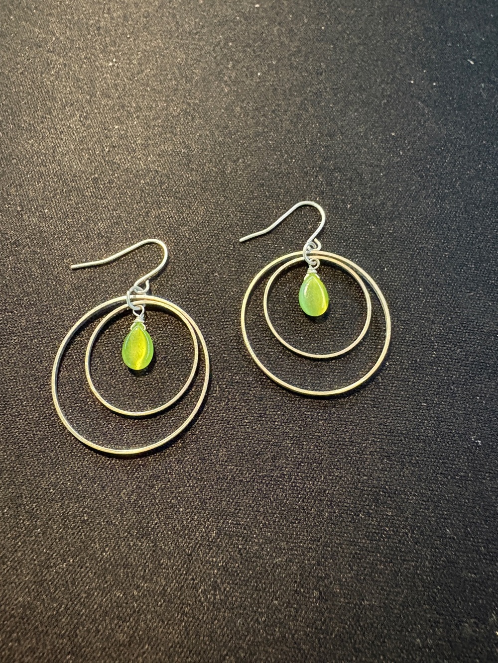 Silver Tone Hoop Drop Earrings with Lime Green Teardrop Accent